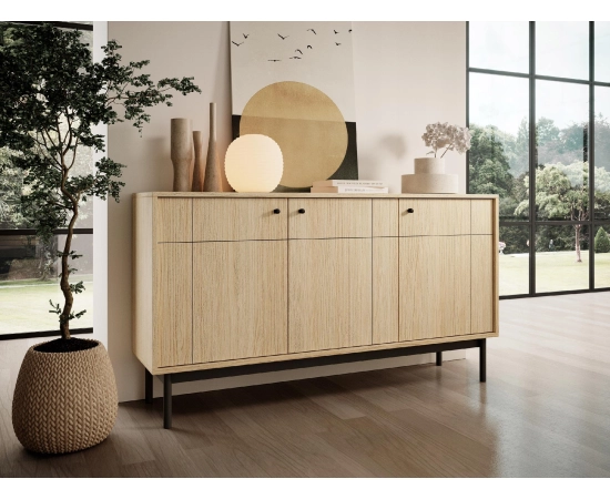 Komoda 150 cm trzydrzwiowa z czarnymi elementami MALMI dąb linea