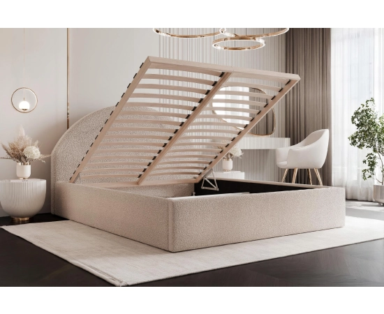 Łóżko tkanina boucle slim stylowe zaglowie pojemnik stelaż 160x200 Velora