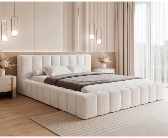 Duże łóżko sypialniane tkanina Boucle obłe kształty 200x200 Marika