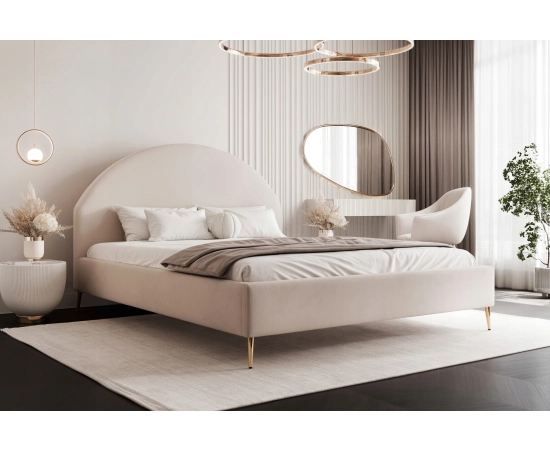 Sypialnia zaokrąglone zagłowie tkanina boucle łóżko slim 140x200 Velora II