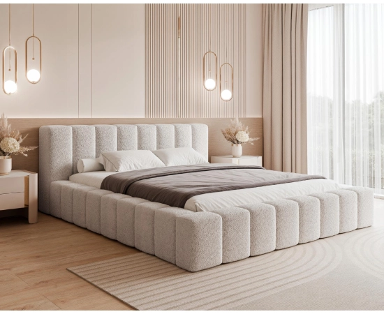 Duże łóżko sypialniane tkanina Boucle obłe kształty 200x200 Marika