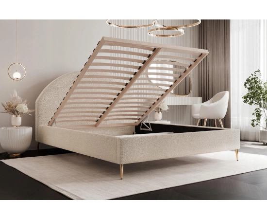 Sypialnia zaokrąglone zagłowie tkanina boucle łóżko slim 140x200 Velora II
