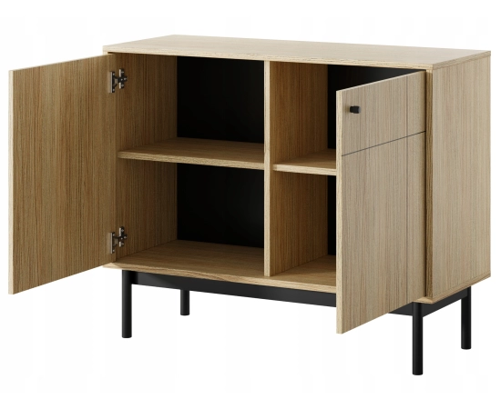 Komoda do salonu 100 cm dwudrzwiowa z czarnymi elementami MALMI dąb linea