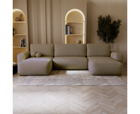 Bouclé U-Sofa mit Schlaffunktion & runden Formen Ornello U