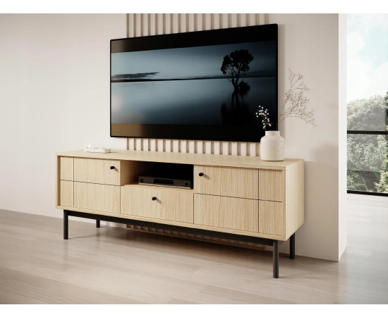 Szafka RTV dąb linea 150 cm z czarnymi elementami MALMI
