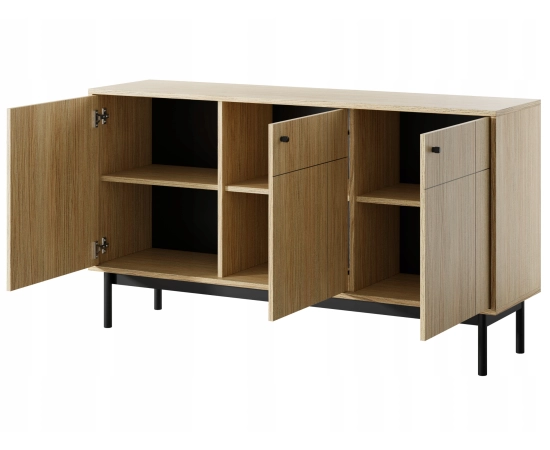 Komoda 150 cm trzydrzwiowa z czarnymi elementami MALMI dąb linea