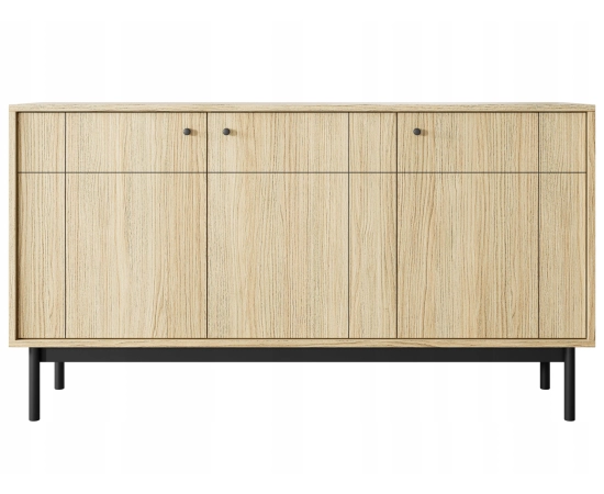 Komoda 150 cm trzydrzwiowa z czarnymi elementami MALMI dąb linea