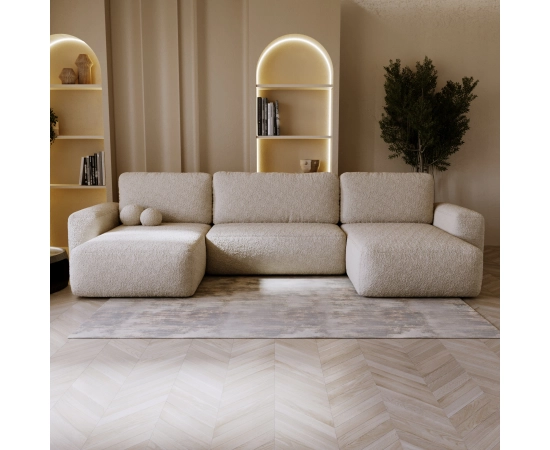 Bouclé U-Sofa mit Schlaffunktion & runden Formen Ornello U