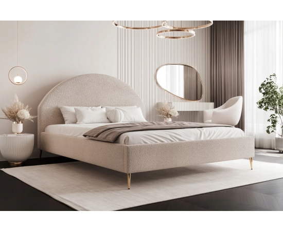 Sypialnia zaokrąglone zagłowie tkanina boucle łóżko slim 140x200 Velora II