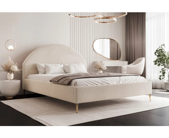 Sypialnia zaokrąglone zagłowie tkanina boucle łóżko slim 140x200 Velora II