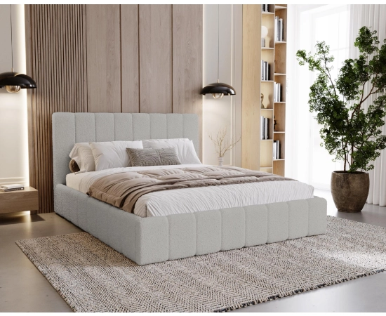 Łóżko tapicerowane z pojemnikiem i stelażem tkanina boucle 120x200 Lexy