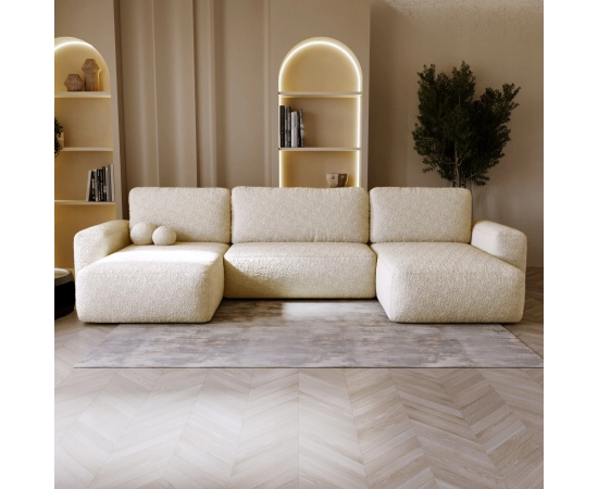 Bouclé U-Sofa mit Schlaffunktion & runden Formen Ornello U