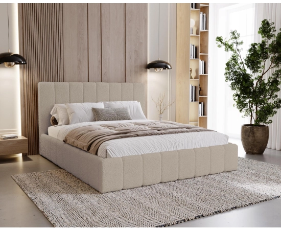 Podwójne obłe łóżko tkanina boucle z pojemnikiem i stelażem 160x200 Lexy