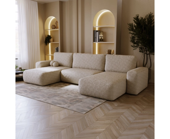 Bouclé U-Sofa mit Schlaffunktion & runden Formen Ornello U