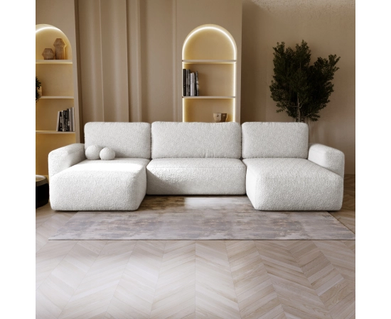 Bouclé U-Sofa mit Schlaffunktion & runden Formen Ornello U