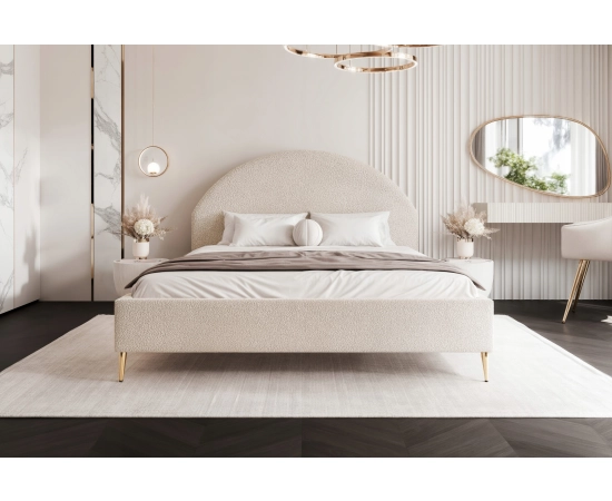 Sypialnia zaokrąglone zagłowie tkanina boucle łóżko slim 140x200 Velora II