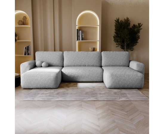Bouclé U-Sofa mit Schlaffunktion & runden Formen Ornello U