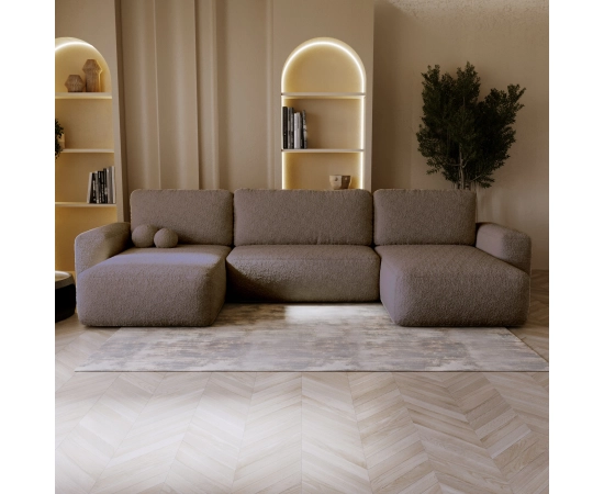 Bouclé U-Sofa mit Schlaffunktion & runden Formen Ornello U