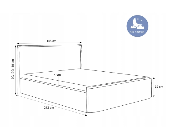 Gepolstertes Doppelbett 140x200 mit dekorativem Design Pillow